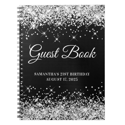 Silver Glitter Black Ombre 21st Birthday Guestbook Notitieboek (Voorkant)