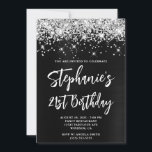 Silver Glitter Black Ombre Bold 21st Birthday Kaart<br><div class="desc">Een modern, glamoureus handgeschreven stijl vet script 21st verjaardagsuitnodiging voor haar. U kunt deze uitnodiging aanpassen voor een andere viering van een mijlpaal op de verjaardag. De digitale kunstfunctie faux sparkly Silver Glitter met extra sparkles tegen een donkergrijs zwart ombre folie digitaal art grafisch afbeelding. Alle glorieuze elementen in dit...</div>