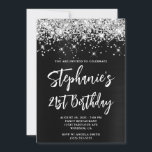Silver Glitter Black Ombre Bold 21st Birthday Kaart<br><div class="desc">Een modern, glamoureus handgeschreven stijl vet script 21st verjaardagsuitnodiging voor haar. U kunt deze uitnodiging aanpassen voor een andere viering van een mijlpaal op de verjaardag. De digitale kunstfunctie faux sparkly Silver Glitter met extra sparkles tegen een donkergrijs zwart ombre folie digitaal art grafisch afbeelding. Alle glorieuze elementen in dit...</div>