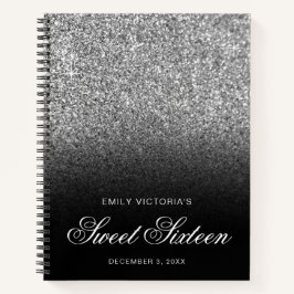 Silver Glitter Black Ombre Sweet Sixteen Guestbook Notitieboek