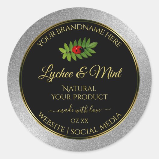 Silver Glitter Black Product Labels Ladybug Leaf (Voorkant)