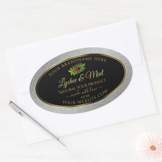 Silver Glitter Black Product Labels Ladybug Leaf (Envelop)