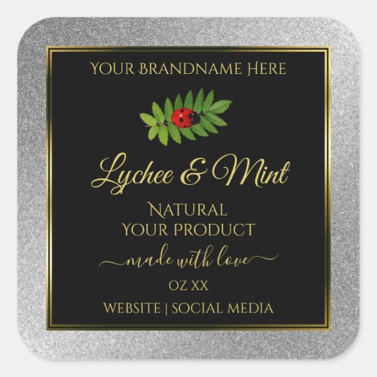 Silver Glitter Black Product Labels Ladybug Leaf (Voorkant)