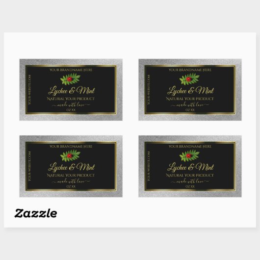 Silver Glitter Black Product Labels Ladybug Leaf (Vel)