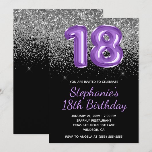 Silver Glitter Black Royal Paarse Nummer 18 Kaart (Voorkant / Achterkant)