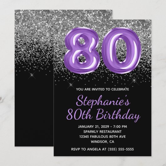 Silver Glitter Black Royal Paarse Nummer 80 Kaart (Voorkant / Achterkant)