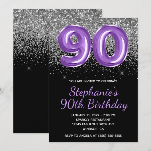 Silver Glitter Black Royal Paarse Nummer 90 Kaart (Voorkant / Achterkant)