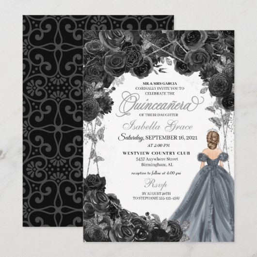 Silver Glitter Black Rozen Kaart (Voorkant / Achterkant)