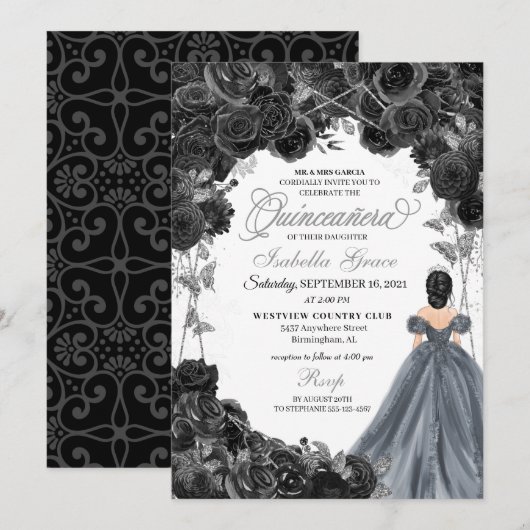 Silver Glitter Black Rozen Kaart (Voorkant / Achterkant)