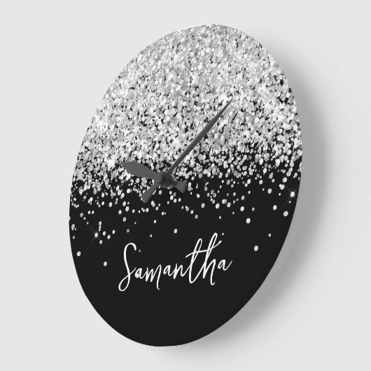 Silver Glitter Black Script-naam Grote Klok (Hoek)