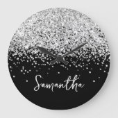 Silver Glitter Black Script-naam Grote Klok (Voorkant)