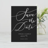 Silver Glitter Black Script Typography Save The Date (Staand voorkant)