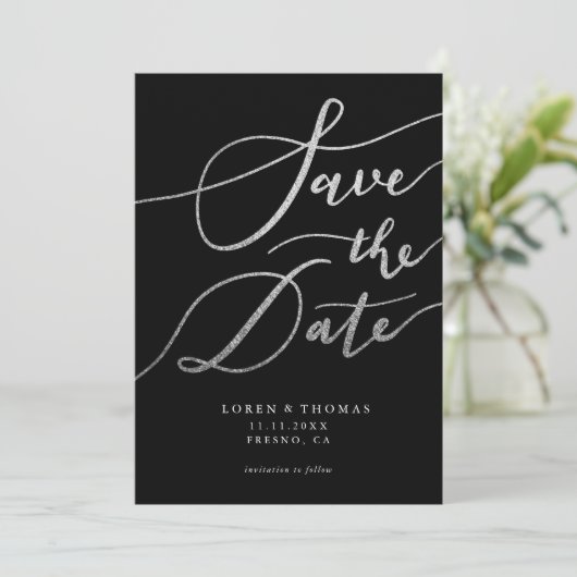 Silver Glitter Black Script Typography Save The Date (Staand voorkant)