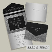 Silver Glitter Black Wedding All In One Uitnodiging