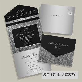 Silver Glitter Black Wedding All In One Uitnodiging