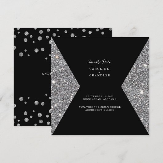 Silver Glitter & Black Wedding Save the Date Glam (Voorkant / Achterkant)