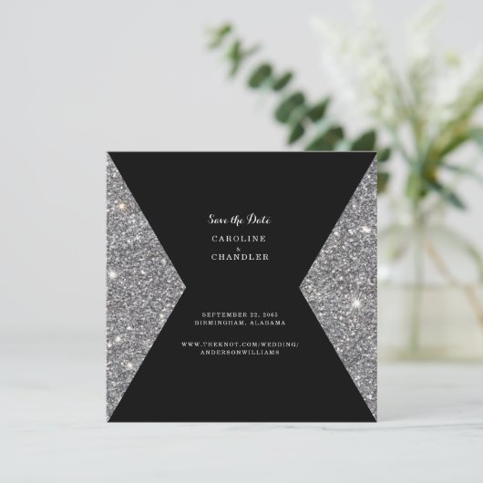Silver Glitter & Black Wedding Save the Date Glam (Staand voorkant)