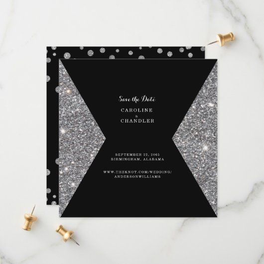 Silver Glitter & Black Wedding Save the Date Glam (Voorkant / Achterkant in situ)