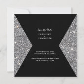 Silver Glitter & Black Wedding Save the Date Glam (Voorkant)