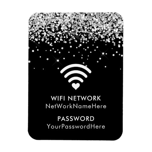 Silver Glitter Black WiFi-netwerk en wachtwoord Magneet (Verticaal)