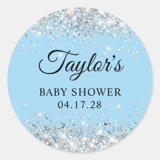 Silver Glitter Blauw Baby shower Ronde Sticker (Voorkant)