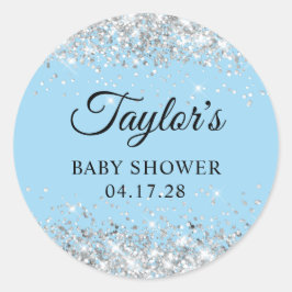 Silver Glitter Blauw Baby shower Ronde Sticker