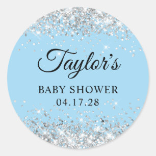Silver Glitter Blauw Baby shower Ronde Sticker