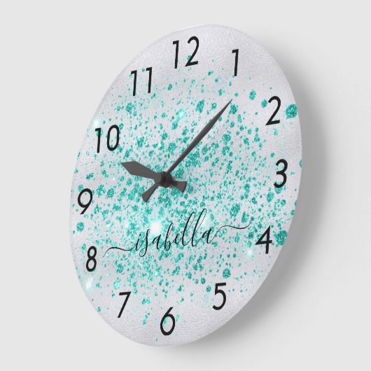 Silver glitter blauwgroen, groen naamscript grote klok (Hoek)