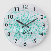 Silver glitter blauwgroen, groen naamscript grote klok (Voorkant)