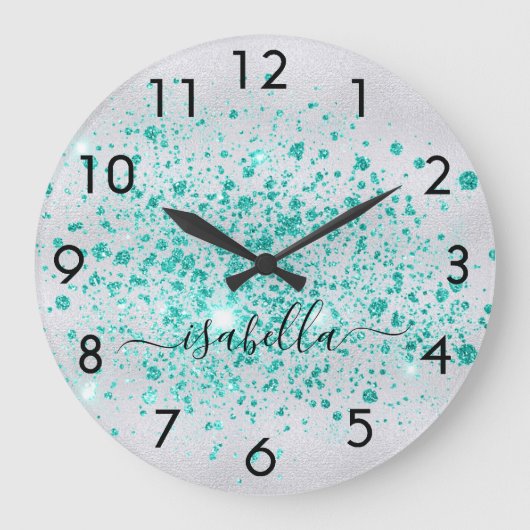 Silver glitter blauwgroen, groen naamscript grote klok (Voorkant)