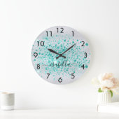 Silver glitter blauwgroen, groen naamscript grote klok (Huis)