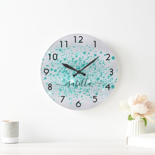 Silver glitter blauwgroen, groen naamscript grote klok (Huis)