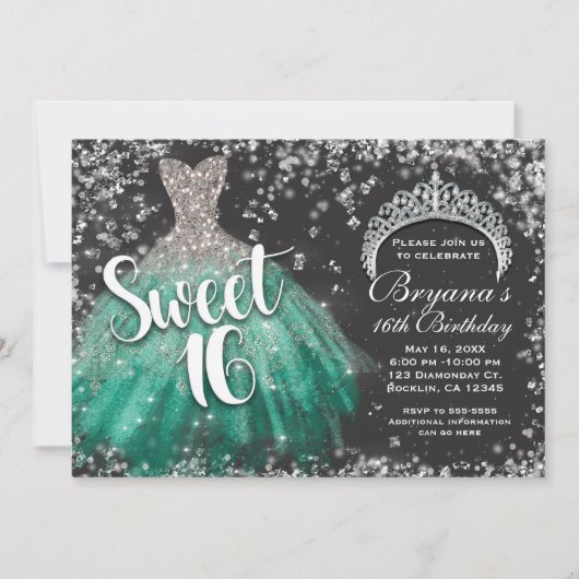 Silver Glitter Blauwgroen Jurk Tiara Dark Sweet 16 Kaart (Voorkant)