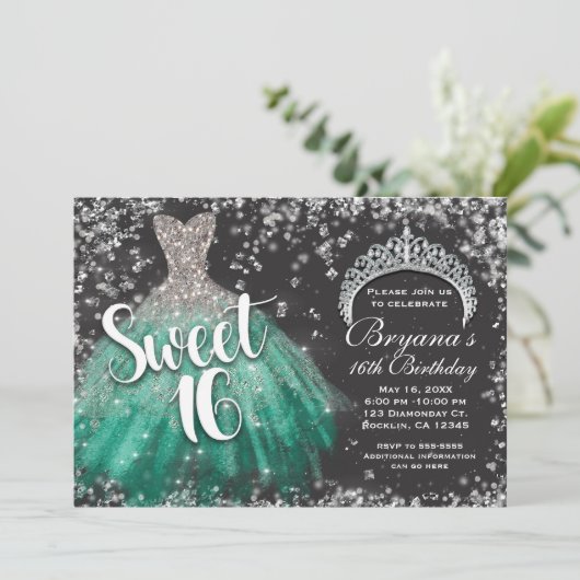 Silver Glitter Blauwgroen Jurk Tiara Dark Sweet 16 Kaart (Staand voorkant)