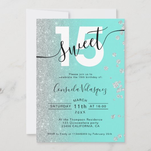 Silver glitter blauwgroen Quinceanera foto's mis q Kaart (Voorkant)