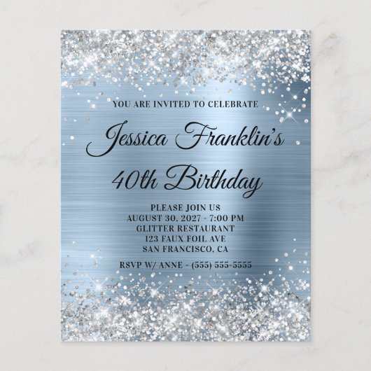 Silver Glitter Bleek Blue 40th Bday Budget Invite (Voorkant)