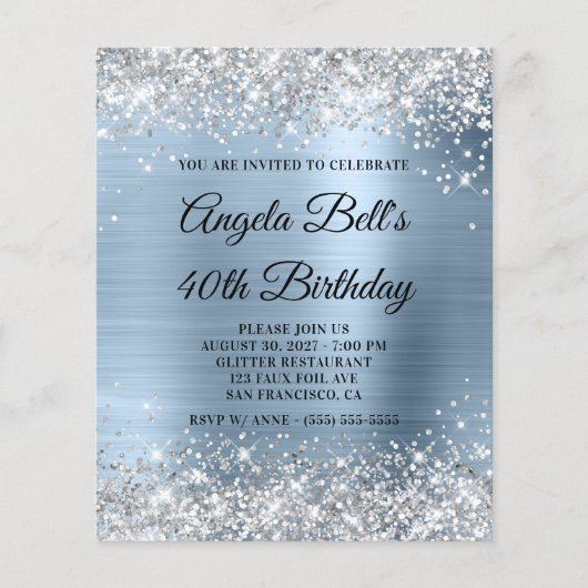 Silver Glitter Bleek Blue 40th Birthday Invite Flyer (Voorkant)