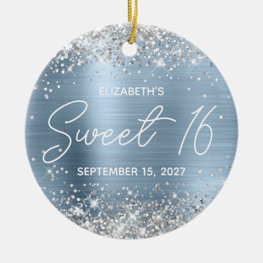 Silver Glitter Bleek Blue Fancy Sweet 16 Foto Keramisch Ornament (Voorkant)