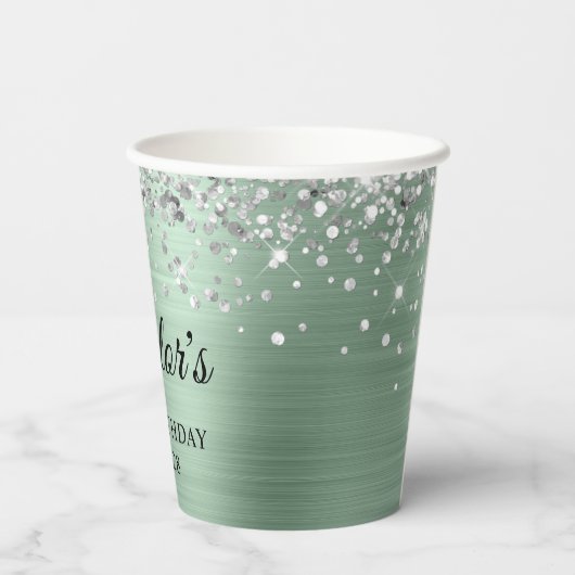 Silver Glitter Bleek Mint Folie 40th Birthday Papieren Bekers (Achterkant)