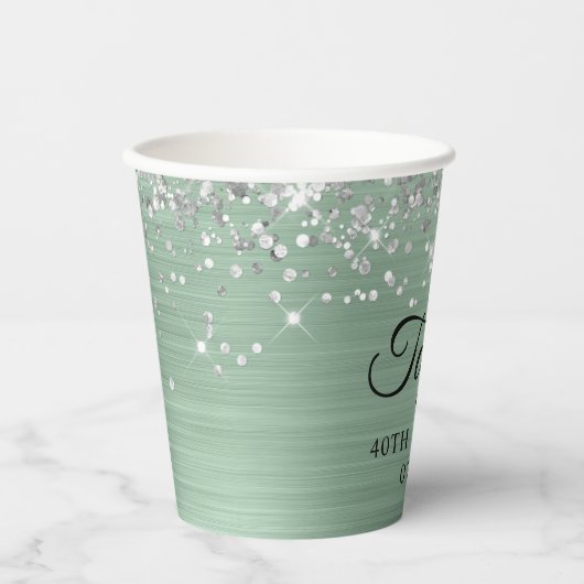 Silver Glitter Bleek Mint Folie 40th Birthday Papieren Bekers (Voorkant)