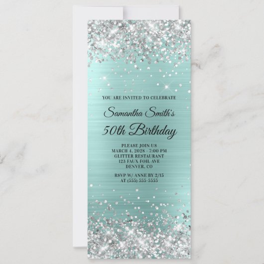 Silver Glitter Bleek Turquoise Folie 50th Birthday Kaart (Voorkant)