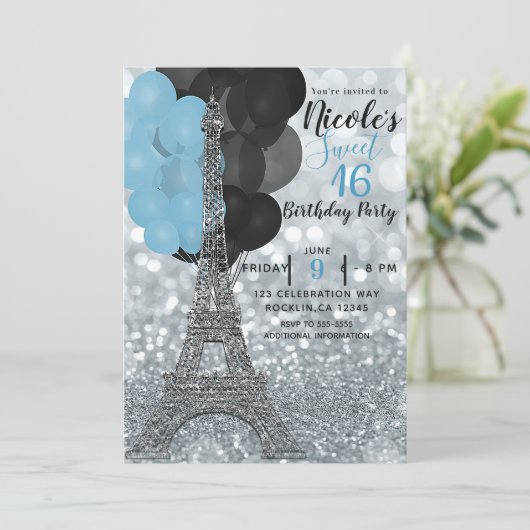 Silver Glitter Blue Balloons Paris Eiffeltoren Kaart (Staand voorkant)