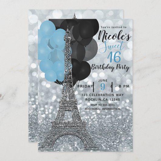 Silver Glitter Blue Balloons Paris Eiffeltoren Kaart (Voorkant / Achterkant)