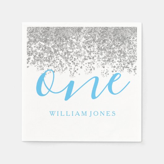Silver Glitter Blue Boys 1e verjaardag Servet (Voorkant)