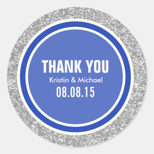 Silver Glitter & Blue Dank je ronde Stickers (Voorkant)