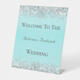 Silver Glitter Blue Elegant Weddenschap Welkomstte Reclamebord Met Voetstuk