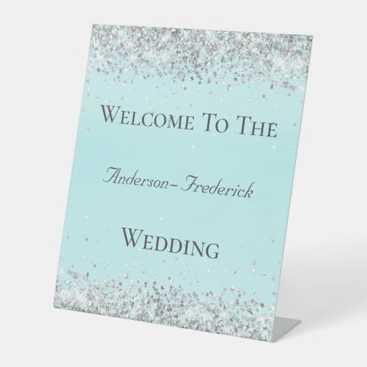 Silver Glitter Blue Elegant Weddenschap Welkomstte Reclamebord Met Voetstuk (Voorkant)