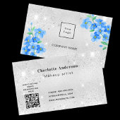 Silver glitter blue floral QR code logo Visitekaartje