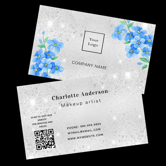 Silver glitter blue floral QR code logo Visitekaartje