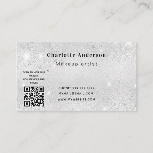 Silver glitter blue floral QR code logo Visitekaartje (Achterkant)